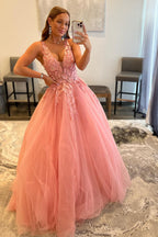 Vestido de fiesta naranja de corte A con escote en V y apliques