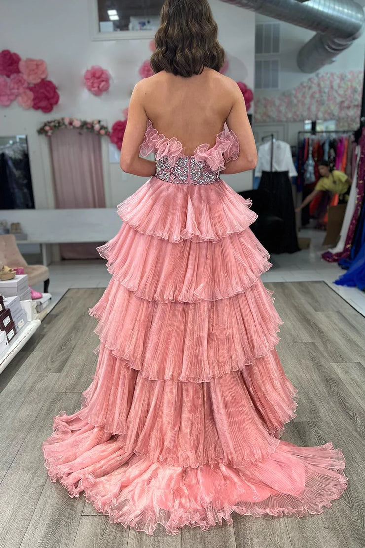 Robe de bal longue bleue tendance, sans bretelles, coupe trapèze, ornée de perles