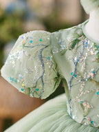 Vestido verde de tul con lentejuelas hasta la rodilla para fiesta del primer cumpleaños de niña 