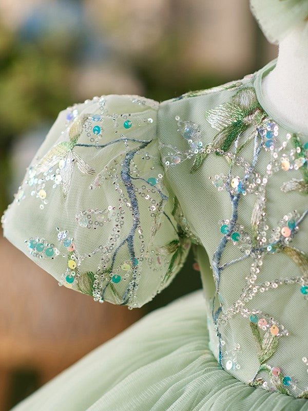 Vestido verde de tul con lentejuelas hasta la rodilla para fiesta del primer cumpleaños de niña 