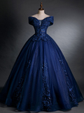 Magnifique robe de bal bleu marine ornée d'appliqués et de perles, épaules dénudées, Y7677