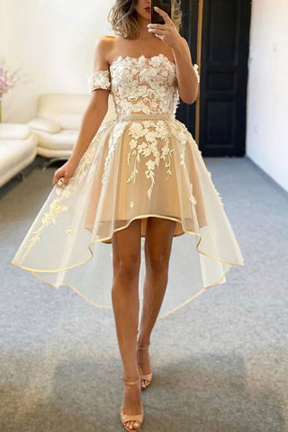 High Low Off the Shoulder Champagne Homecoming Dress with Appliques