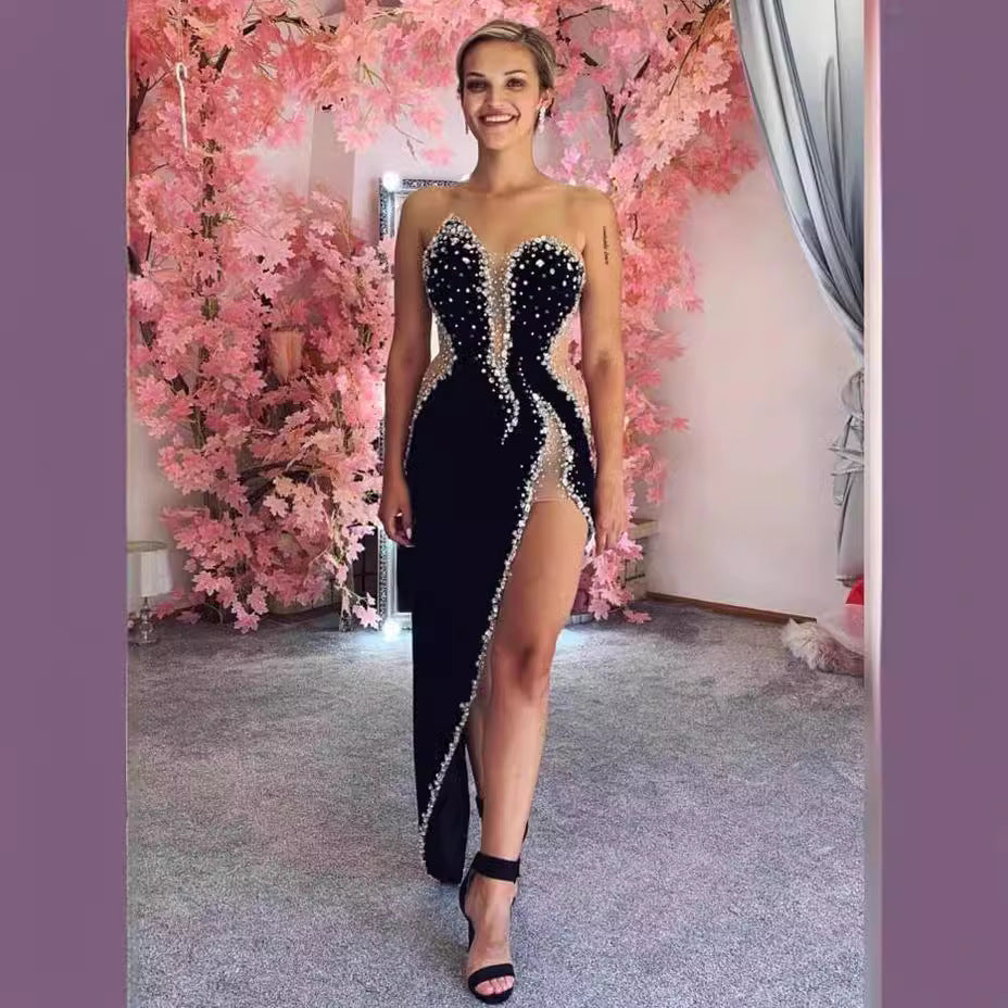 Vestido ajustado sin tirantes con cuentas, sexy, para fiesta o graduación 