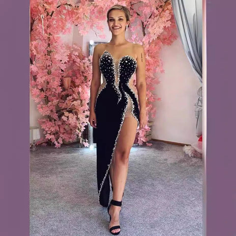Sexy Strapless Beaded Bodycon Dress Party Prom Dress
