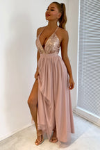 Vestido de fiesta con lentejuelas y escote en V