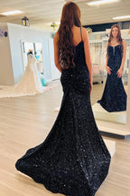 Spaghetti Straps Sequins Mermaid Long Corset Prom Dress with Slit