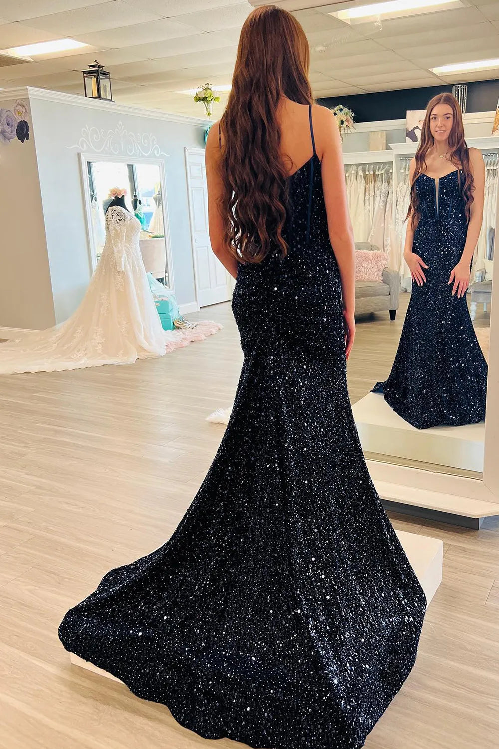 Spaghetti Straps Sequins Mermaid Long Corset Prom Dress with Slit
