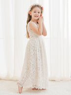 Vestido boho de niña de las flores color marfil, corte en A, de encaje y largo hasta el tobillo 