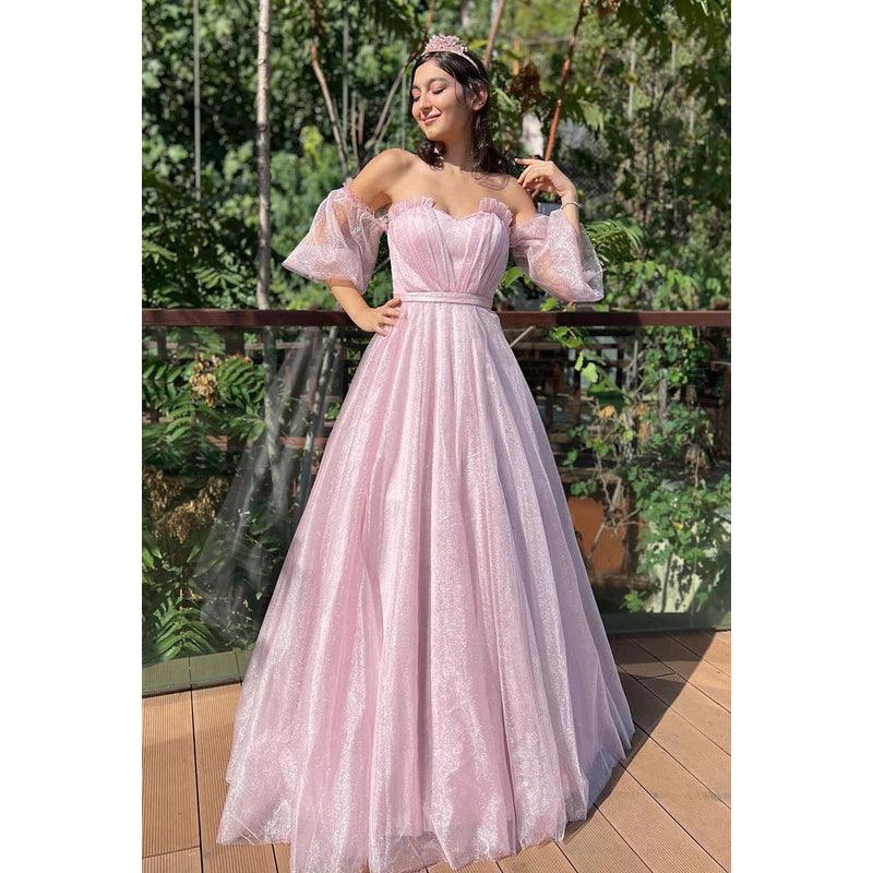 Vestido de fiesta formal de tul brillante, glamuroso y dramático, con corte en A, mangas cortas y hombros descubiertos