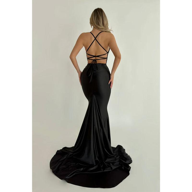 Robe de soirée longue bleue à bretelles sirène/trompette, sexy et tendance 