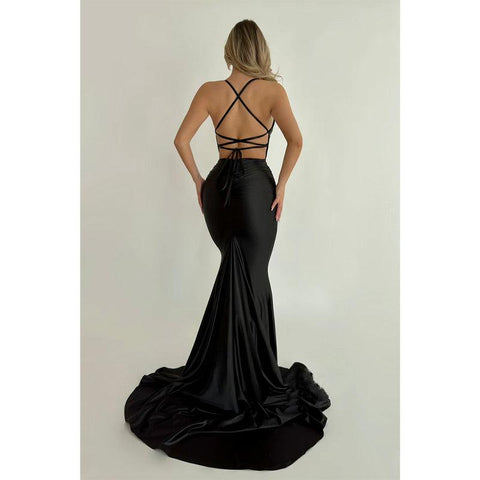 Robe de soirée longue bleue à bretelles sirène/trompette, sexy et tendance 