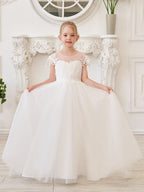 Vestido de niña de las flores para la Primera Comunión, color marfil, con cola desmontable estilo princesa. 