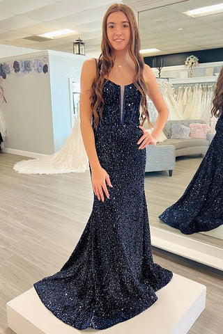 Spaghetti Straps Sequins Mermaid Long Corset Prom Dress with Slit
