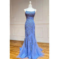 Vestido de fiesta largo con apliques de tul y escote redondo con corte tubo/columna 