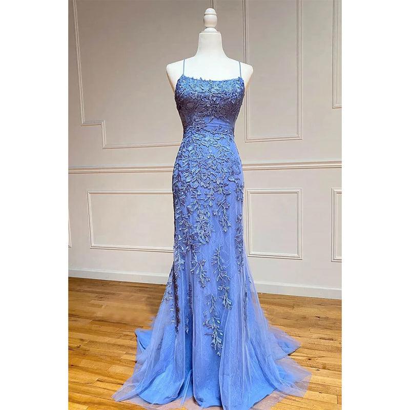 Vestido de fiesta largo con apliques de tul y escote redondo con corte tubo/columna 