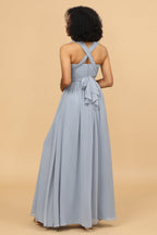Robe de demoiselle d'honneur longue convertible en mousseline grise et bleue