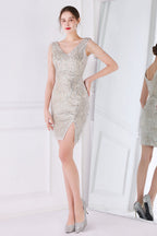 Robe cocktail abricot à sequins et franges