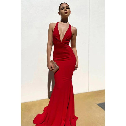 Robe de bal sirène sexy à décolleté en V profond et plis 