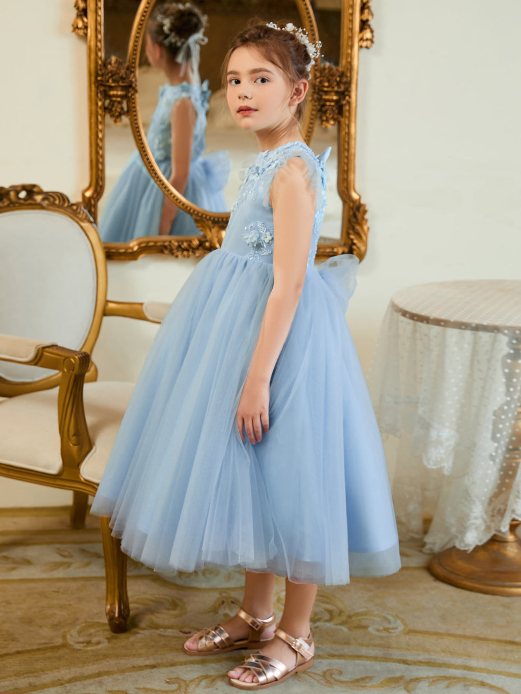 Vestido de baile/princesa de satén y tul azul hasta la rodilla (2003225970) 