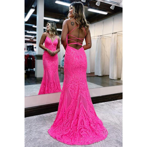 Robe de bal sirène sexy à paillettes et col en V