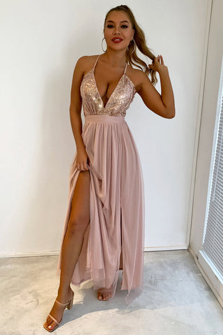 Vestido de fiesta con lentejuelas y escote en V