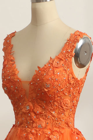 Princess A Line V Neck Orange Long Prom Dress with Appliques
