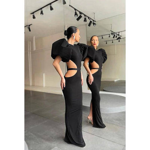 Round Neck Cut Outs Sheath Long Prom Evening Gown With Puff Sleeves