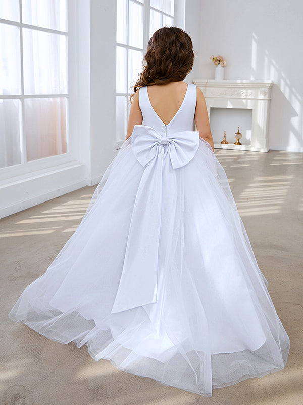 Vestido clásico blanco de corte A sin mangas para niña de las flores, de satén y tul 