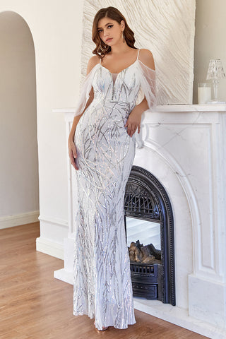 Vestido de fiesta de sirena con lentejuelas blancas y purpurina