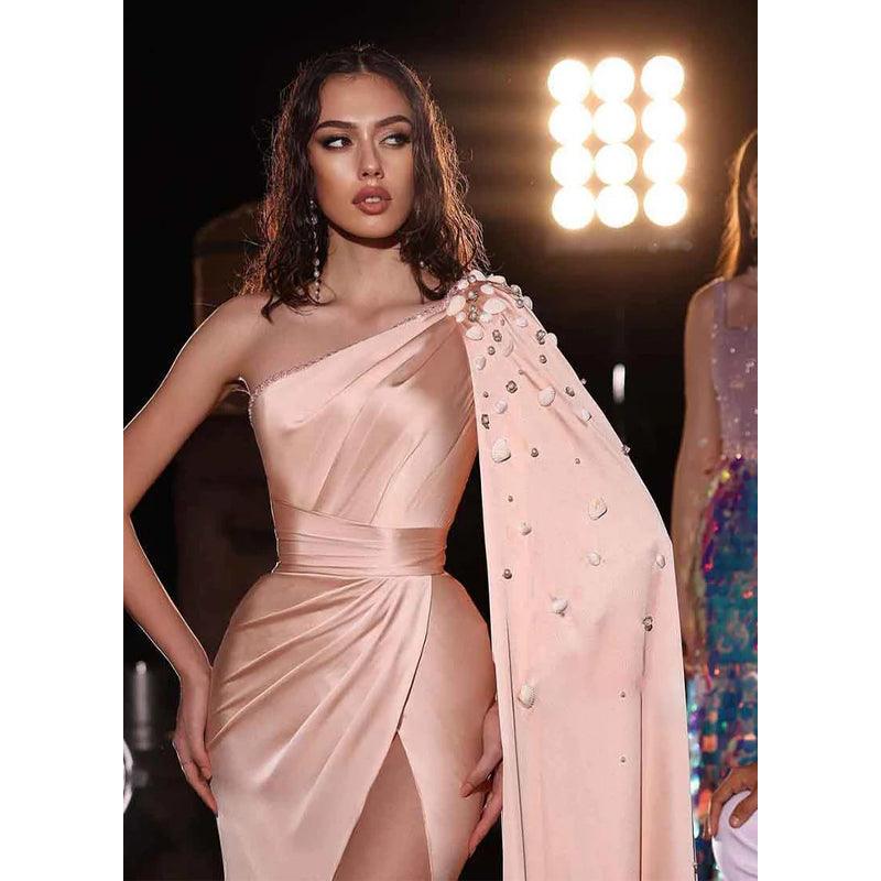 Vestido de fiesta formal largo elegante con abertura y cuentas de un solo hombro 