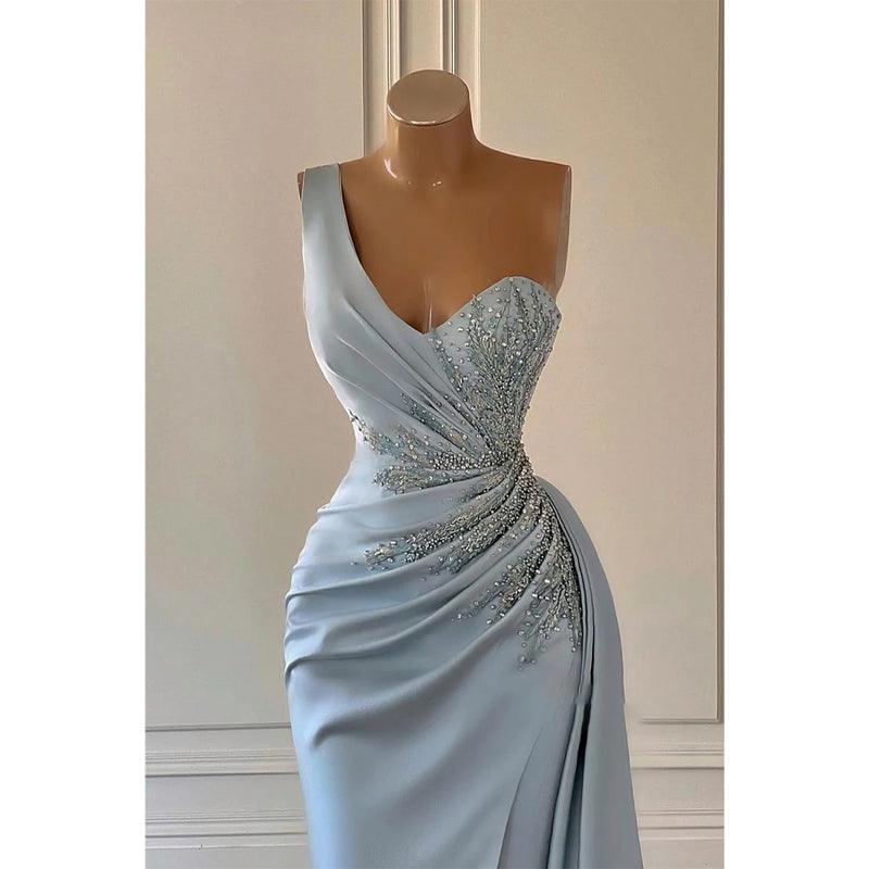 Vestido de noche largo con pliegues y cuentas, de un solo hombro y corte tubo/columna 