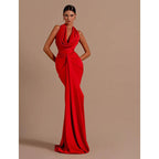 Vestido de fiesta formal largo de sirena rojo plisado con escote en V sexy