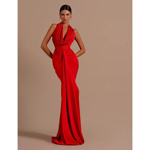 Robe de soirée longue sirène rouge sexy à col en V et plis