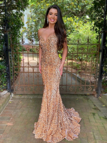 VESTIDO DE FIESTA DE SIRENA CON ESCOTE CORAZÓN Y LENTEJUELAS