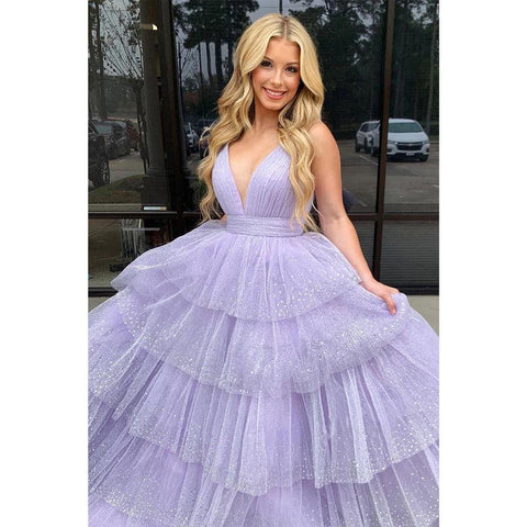 Robe de bal longue à col en V et paillettes lilas 