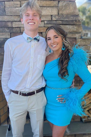 Sheath One Shoulder Blue Short Homecoming Dress with Feather