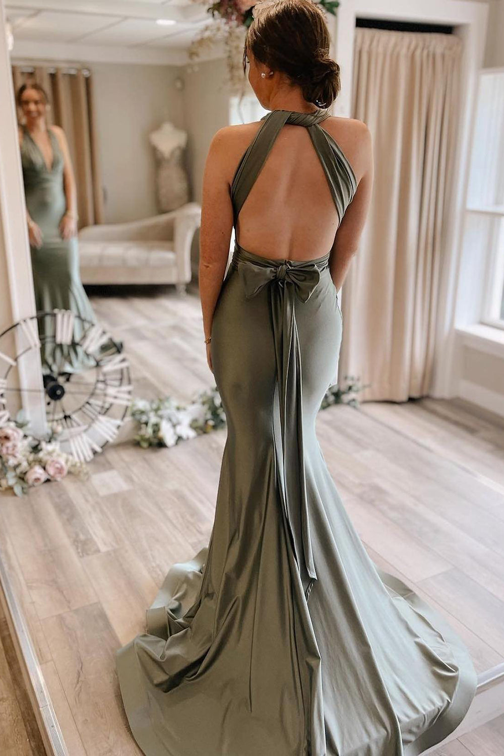 Mermaid Deep V Neck Light Green Long Bridesmaid Dress with Open Back