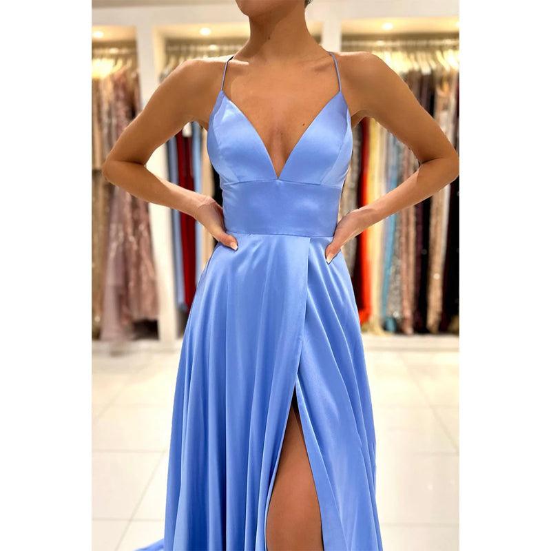 Plunging V-neck Green Blue Elastic Satin Formal Dress with Slit