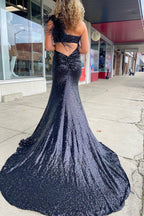 Robe de bal longue sirène à une épaule et sequins noirs découpés