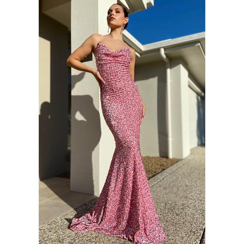 Robe de bal sirène scintillante à bretelles spaghetti et paillettes 