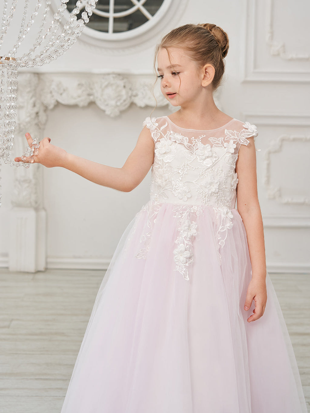 Vestido de niña de las flores de corte A, de tul y encaje hasta el suelo 
