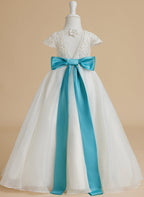 Vestido de niña de las flores color marfil, corte en A, de organza de encaje, hasta el tobillo 