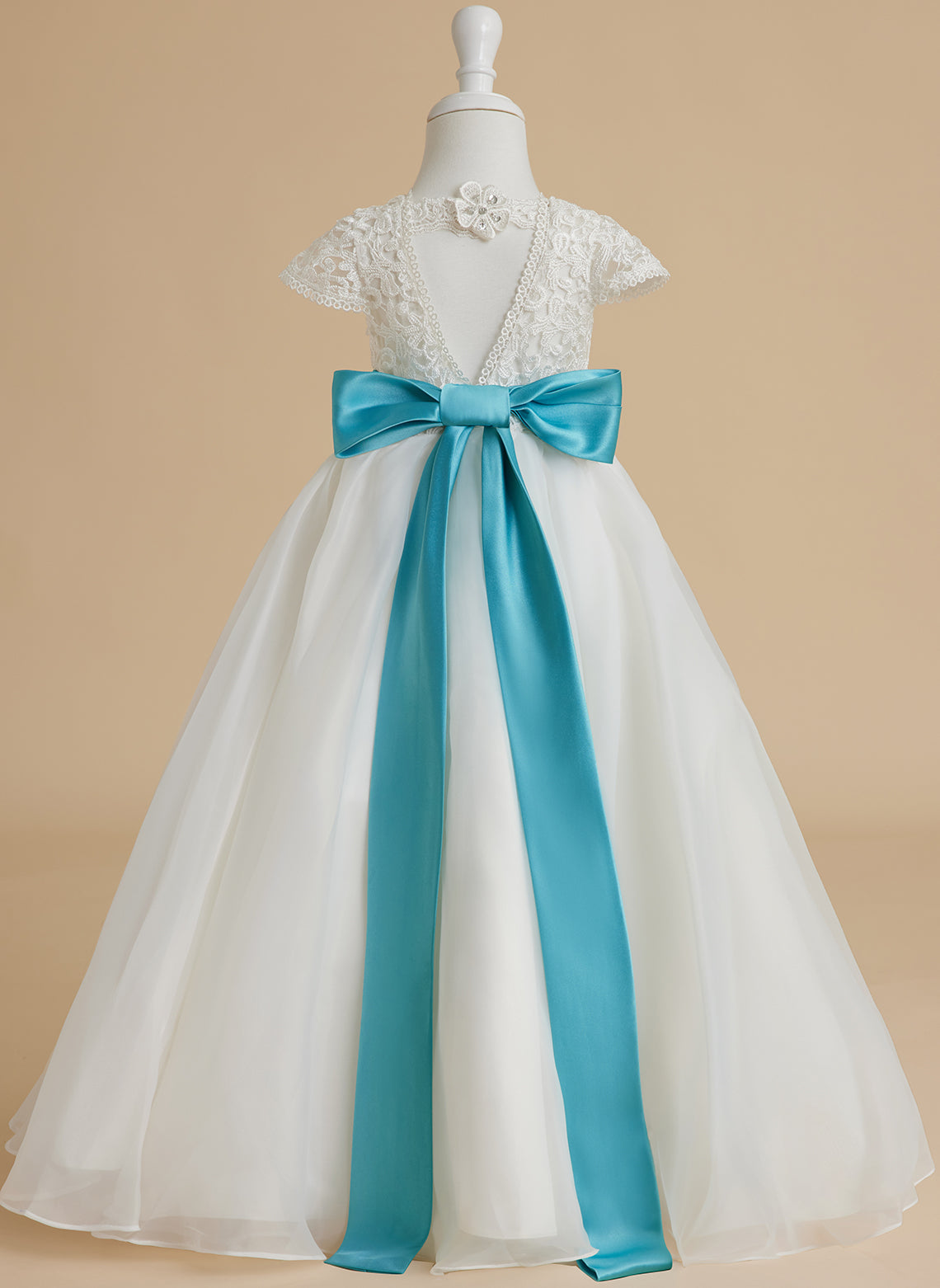Vestido de niña de las flores color marfil, corte en A, de organza de encaje, hasta el tobillo 