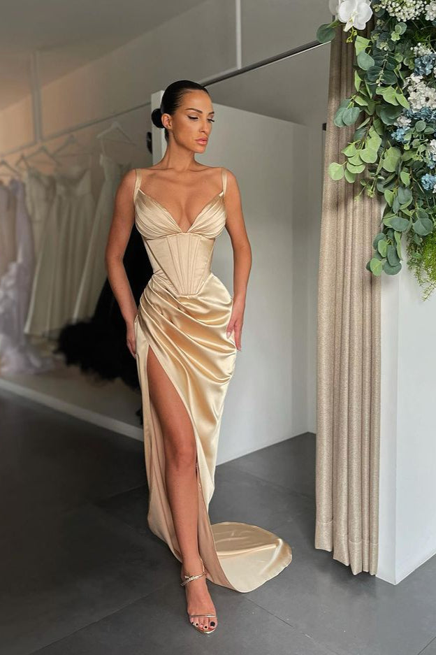 Spaghetti Straps Sleeveless V-Neck Split Prom Dress