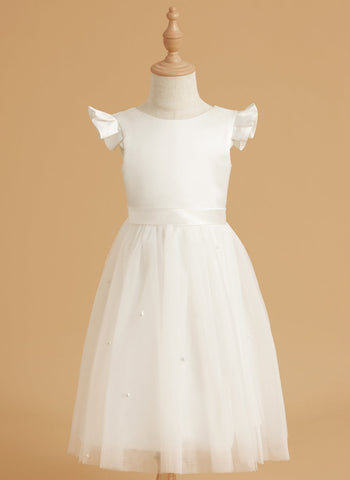 Vestido rosa empolvado de corte A y tul satinado hasta la rodilla (2003227179) 