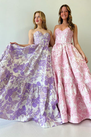 Robes de bal longues à imprimé floral et décolleté en cœur, coupe trapèze