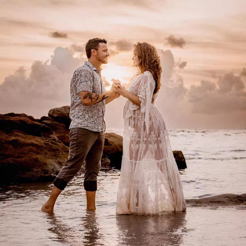 Vestido premamá blanco de encaje de manga corta, vestido premamá de noche con escote en V