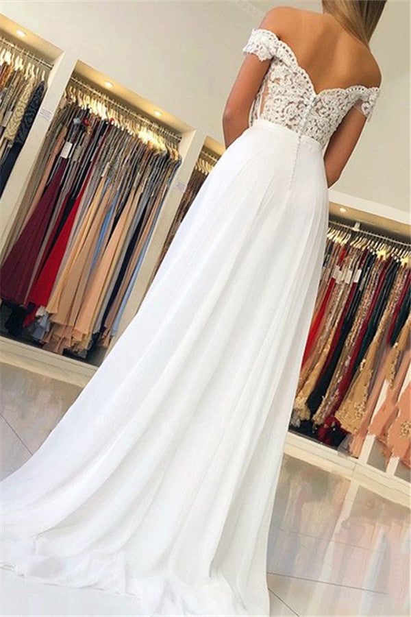Robe de bal blanche à épaules dénudées, longue robe de soirée en mousseline avec appliques