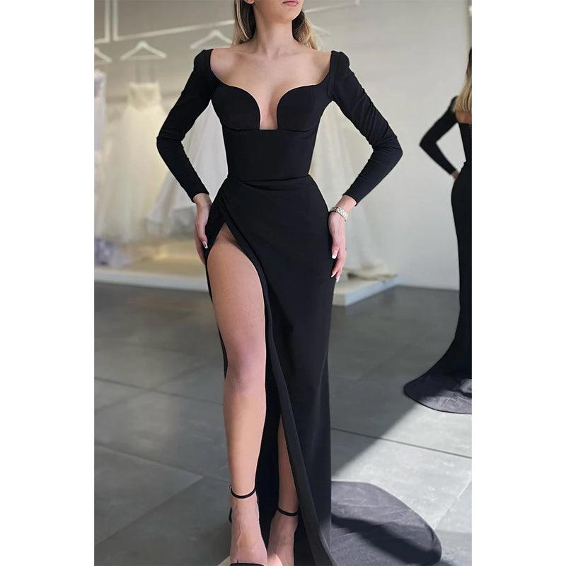 Vestido de noche formal sexy con escote en V y abertura alta y mangas largas 