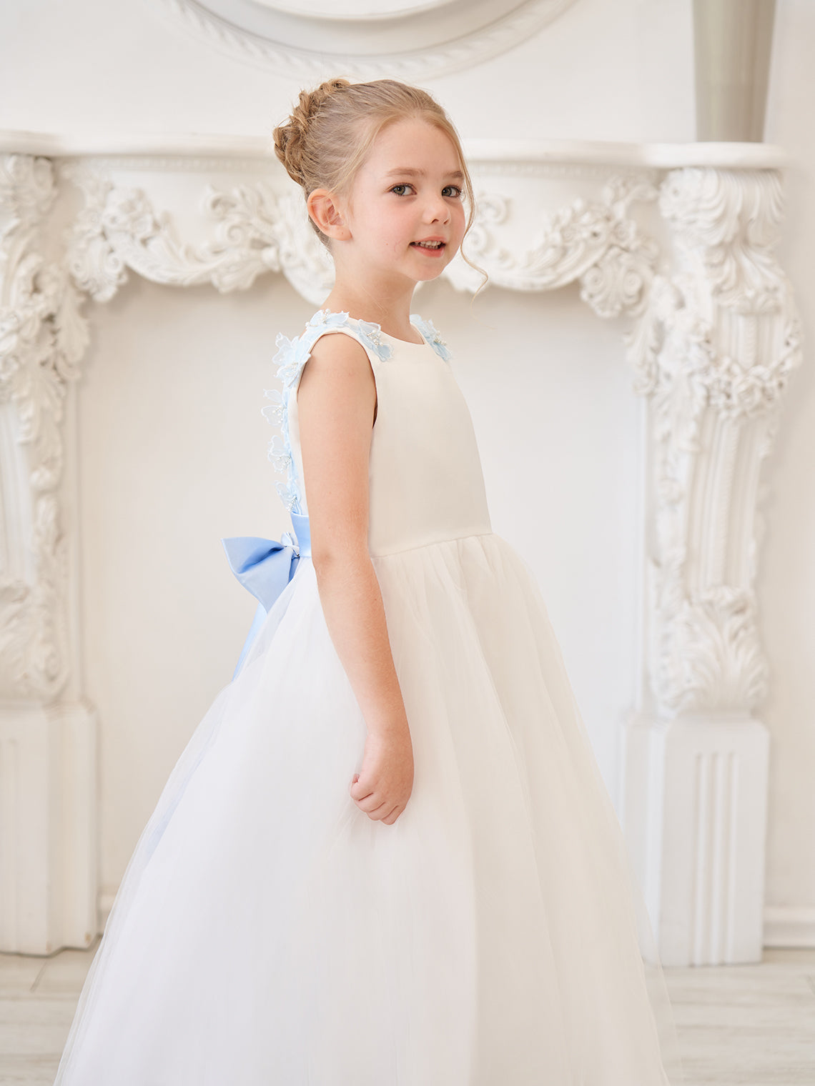 Vestido de princesa/de princesa con flores 3D de tul hasta el suelo, color marfil, para niña de las flores 